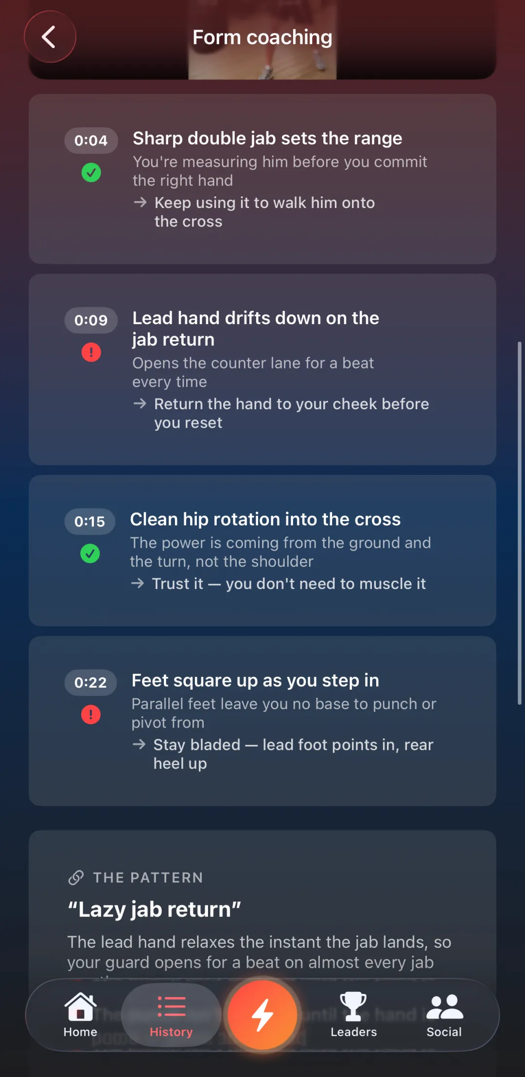A list of timestamped coaching pins, each jumping to a key moment in the round