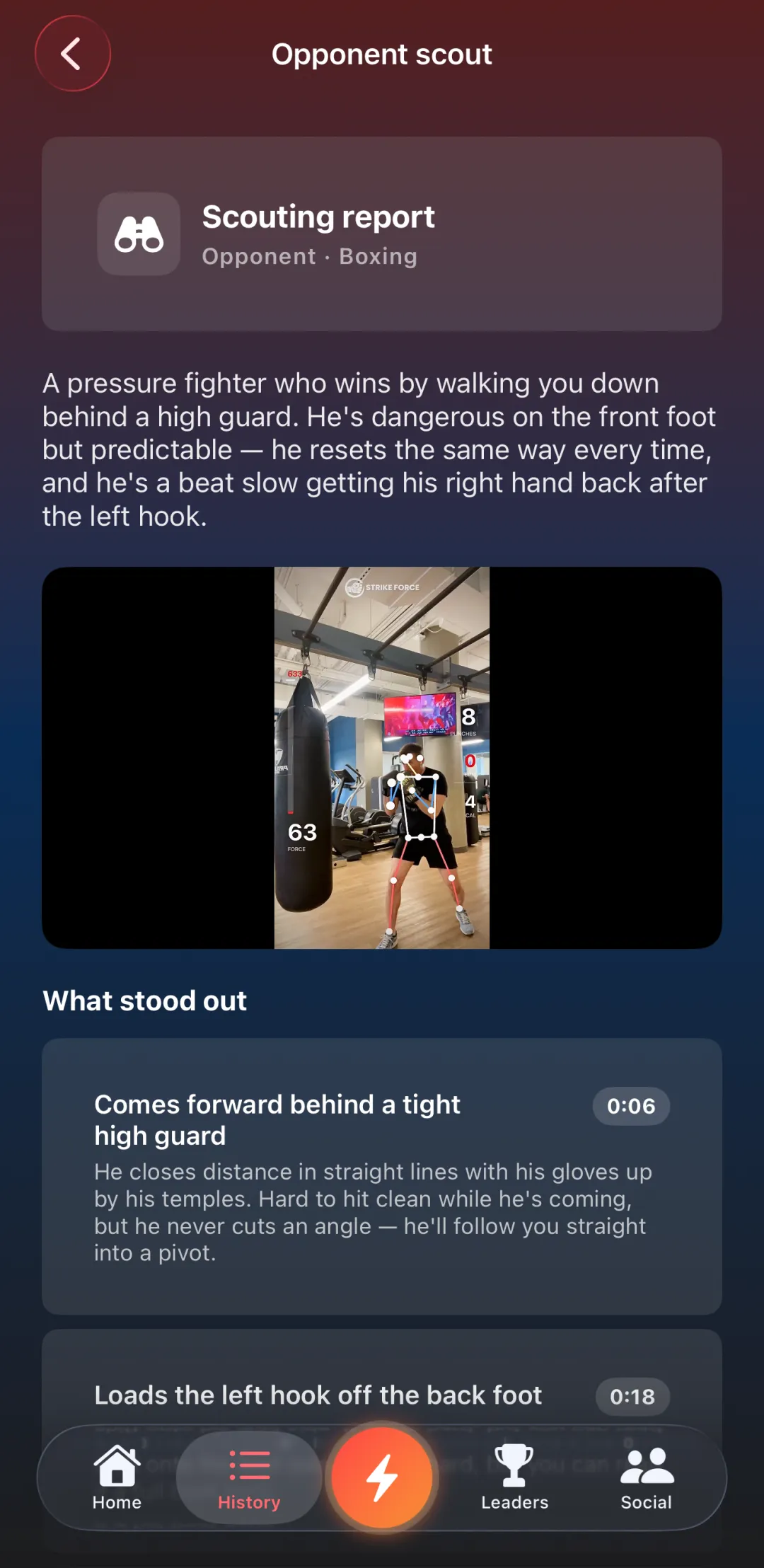 Opponent scouting report with tendencies and timestamped tells